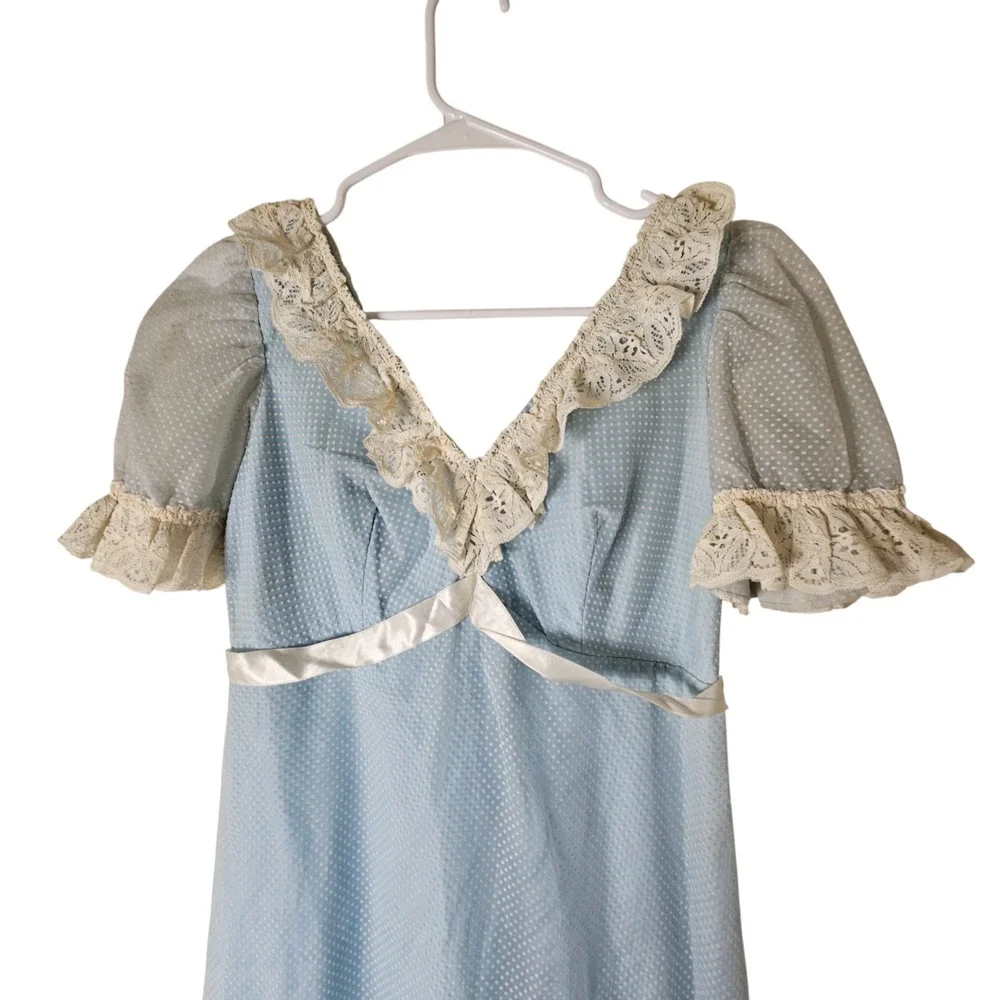 VTG Prairie Dress Sheer Mesh Overlay  7 Bany‎ Blue Lace Trim 1970s Cottagecore